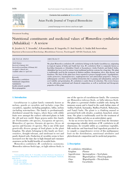 Nutritional Constituents and Medicinal Values of Momordica Cymbalaria (Athalakkai) - a Review R