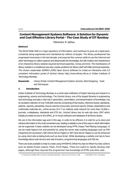 Content Management Systems Software: a Solution for Dynamic and Cost Effective Library Portal - the Case Study of IIT Bombay Mahendra N Jadhav
