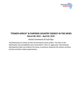 PARTNER COUNTRY ENERGY in the NEWS March 08, 2015 – April 02, 2015 Article Summaries & Full Clips the Following Are Articles Written by Third-Party News Outlets