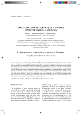 Early Neolithic Settlement of Mavropigi in Western Greek Macedonia