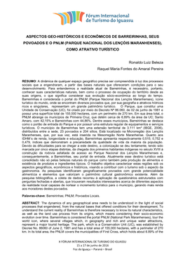 Aspectos Geo-Históricos E Econômicos De Barreirinhas, Seus Povoados E O Pnlm (Parque Nacional Dos Lençóis Maranhenses), Como Atrativo Turístico