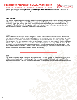 Indigenous Peoples in Canada Worksheet