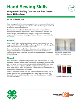 Hand-Sewing Skills Level 1 Oregon 4-H Clothing Construction Fact Sheets: Basic Skills—Level 1