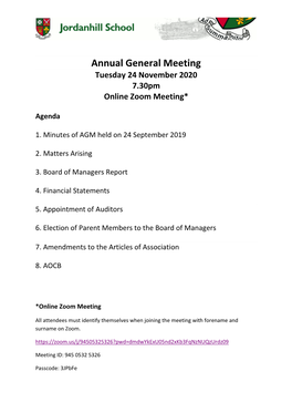 Annual General Meeting Tuesday 24 November 2020 7.30Pm Online Zoom Meeting*