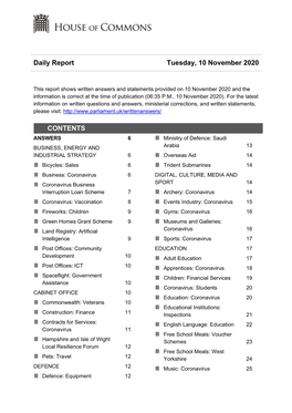 Daily Report Tuesday, 10 November 2020 CONTENTS