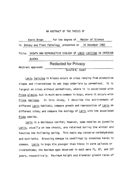 Growth and Reproductive Ecology of Larix Laricina in Interior Alaska
