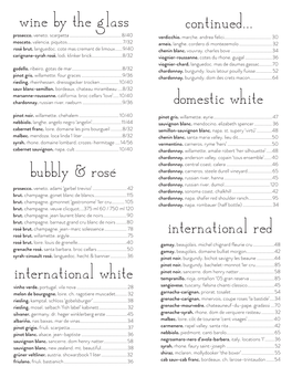 Wine by the Glass Bubbly & Rosé International White Domestic White