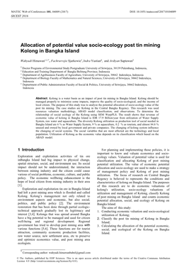 Allocation of Potential Value Socio-Ecology Post Tin Mining Kolong in Bangka Island