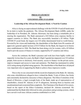 PRESS STATEMENT Leadership of the African Development Bank: A