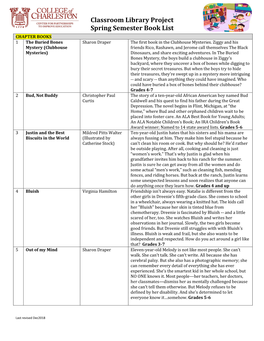 Classroom Library Project Spring Semester Book List CHAPTER BOOKS 1 the Buried Bones Sharon Draper the First Book in the Clubhouse Mysteries