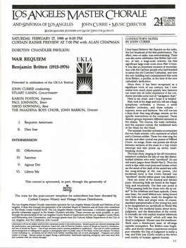 I9S ANGELES MASTER CHORALE TH= SEASON and SINFONIA of LOS ANGELES JOHN CURRIE • MUSIC DIRECTOR 2~ 1987-88 ROGER WAGNER, Founder and M USIC DIRECTOR )I\UREATE