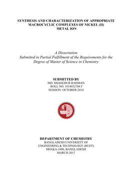 A Dissertation Submitted in Partial Fulfillment of the Requirements for the Degree of Master of Science in Chemistry