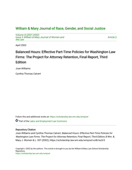 Balanced Hours: Effective Part-Time Policies for Washington Law Firms: the Project for Attorney Retention, Final Report, Third Edition