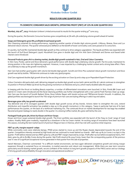 Worldreginfo - 7C7b7fee-C925-496E-B658-D6e49888e5e1 HINDUSTAN UNILEVER LIMITED UNAUDITED STANDALONE FINANCIAL RESULTS for the QUARTER ENDED 30TH JUNE, 2013