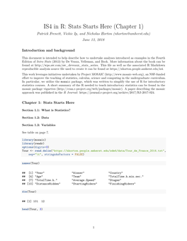 IS4 in R: Stats Starts Here (Chapter 1) Patrick Frenett, Vickie Ip, and Nicholas Horton (Nhorton@Amherst.Edu) June 13, 2018