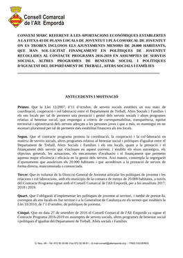 Conveni Marc Referent a Les Aportacions Econòmiques Establertes a La Fitxa 43 De Plans Locals De Joventut I Pla Comarcal De