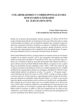 Colaboradores Y Corresponsales Del Semanario Literario El Álbum (1874-1875)1