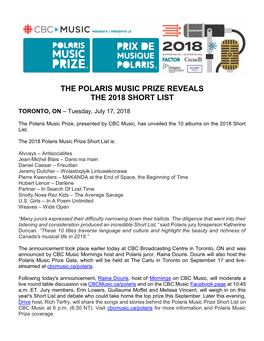 The Polaris Music Prize Reveals the 2018 Short List