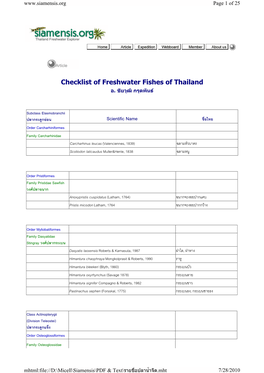 Checklist of Freshwater Fishes of Thailand Y2005