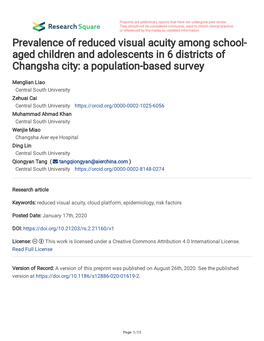 Prevalence of Reduced Visual Acuity Among School- Aged Children and Adolescents in 6 Districts of Changsha City: a Population-Based Survey