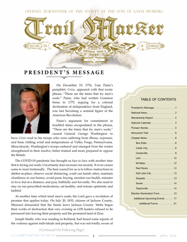 April 2020 the Trail Marker ~ Official Newsletter of the Society of the Sons of Utah Pioneers