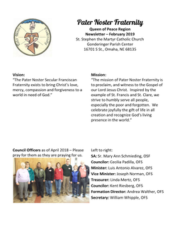 Pater Noster Fraternity Queen of Peace Region Newsletter – February 2019 St