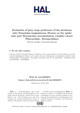 Evaluation of Prey Stage Preference of the Predatory Mite Neoseiulus