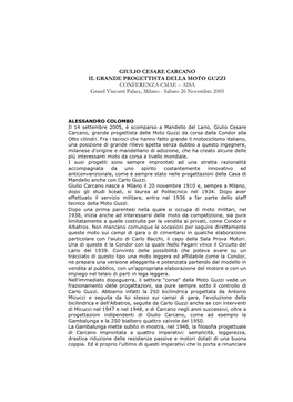 GIULIO CESARE CARCANO IL GRANDE PROGETTISTA DELLA MOTO GUZZI CONFERENZA CMAE – AISA Grand Visconti Palace, Milano - Sabato 26 Novembre 2005