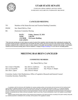 Utah State Senate Meeting Has Been Canceled