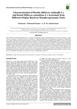 Characterization of Roselle (Hibiscus Sabdariffa L.) and Kenaf (Hibiscus Cannabinus L.) Accessions from Different Origins Based on Morpho-Agronomic Traits