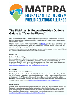 The Mid-Atlantic Region Provides Options Galore to "Take the Waters"