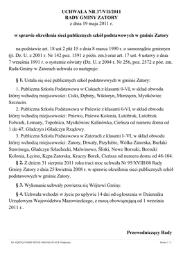 UCHWAŁA NR 37/VII/2011 RADY GMINY ZATORY Z Dnia 19 Maja 2011 R