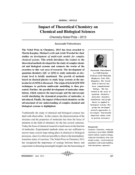 Impact of Theoretical Chemistry on Chemical and Biological Sciences Chemistry Nobel Prize – 2013