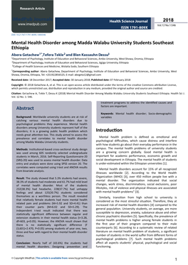 Mental Health Disorder Among Madda Walabu University Students