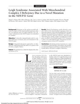 Leigh Syndrome Associated with Mitochondrial Complex I Deficiency Due to a Novel Mutation in the NDUFS1 Gene