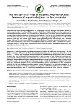 Two New Species of Frogs of the Genus Phrynopus (Anura: Terrarana: Craugastoridae) from the Peruvian Andes
