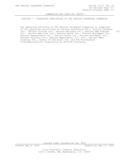 THE VERIZON TELEPHONE COMPANIES Tariff F.C.C. No. 20 1St Revised Page 7-1 Cancels Original Page 7-1