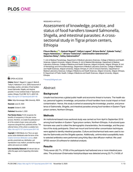 Assessment of Knowledge, Practice, and Status of Food Handlers Toward