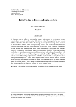 Pairs Trading in European Equity Markets