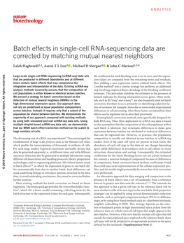 Batch Effects in Single-Cell RNA-Sequencing Data Are Corrected by Matching Mutual Nearest Neighbors