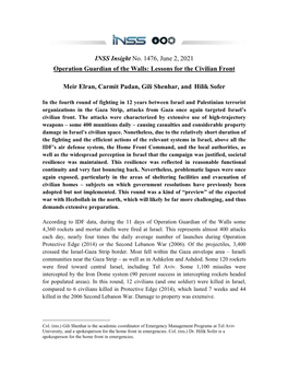 INSS Insight No. 1476, June 2, 2021 Operation Guardian of the Walls: Lessons for the Civilian Front Meir Elran, Carmit Padan, Gi