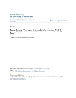 New Jersey Catholic Records Newsletter, Vol. 3, No.1 New Jersey Catholic Historical Commission