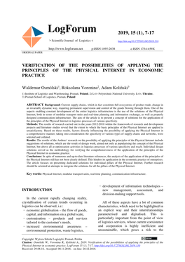 Verification of the Possibilities of Applying the Principles of the Physical Internet in Economic Practice