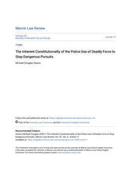 The Inherent Constitutionality of the Police Use of Deadly Force to Stop Dangerous Pursuits