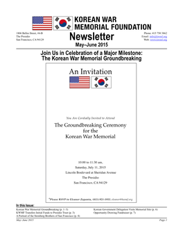 Newsletter Web: May–June 2015 Join Us in Celebration of a Major Milestone: the Korean War Memorial Groundbreaking