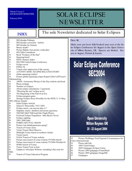 SOLAR ECLIPSE NEWSLETTER SOLAR ECLIPSE February 2004 NEWSLETTER