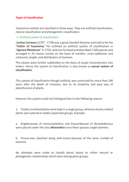 Types of Classification Taxonomic Entities Are Classified in Three Ways