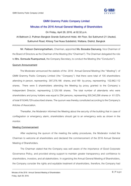 GMM Grammy Public Company Limited Minutes of the 2016 Annual General Meeting of Shareholders on Friday, April 29, 2016, at 02.32 P.M