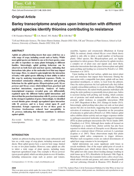 Barley Transcriptome Analyses Upon Interaction with Different Aphid Species Identify Thionins Contributing to Resistance