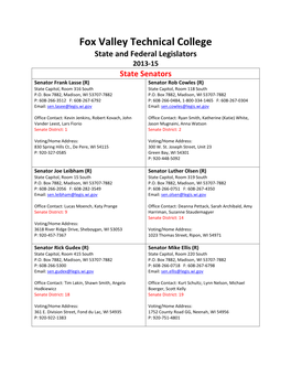 Fox Valley Technical College State and Federal Legislators 2013-15